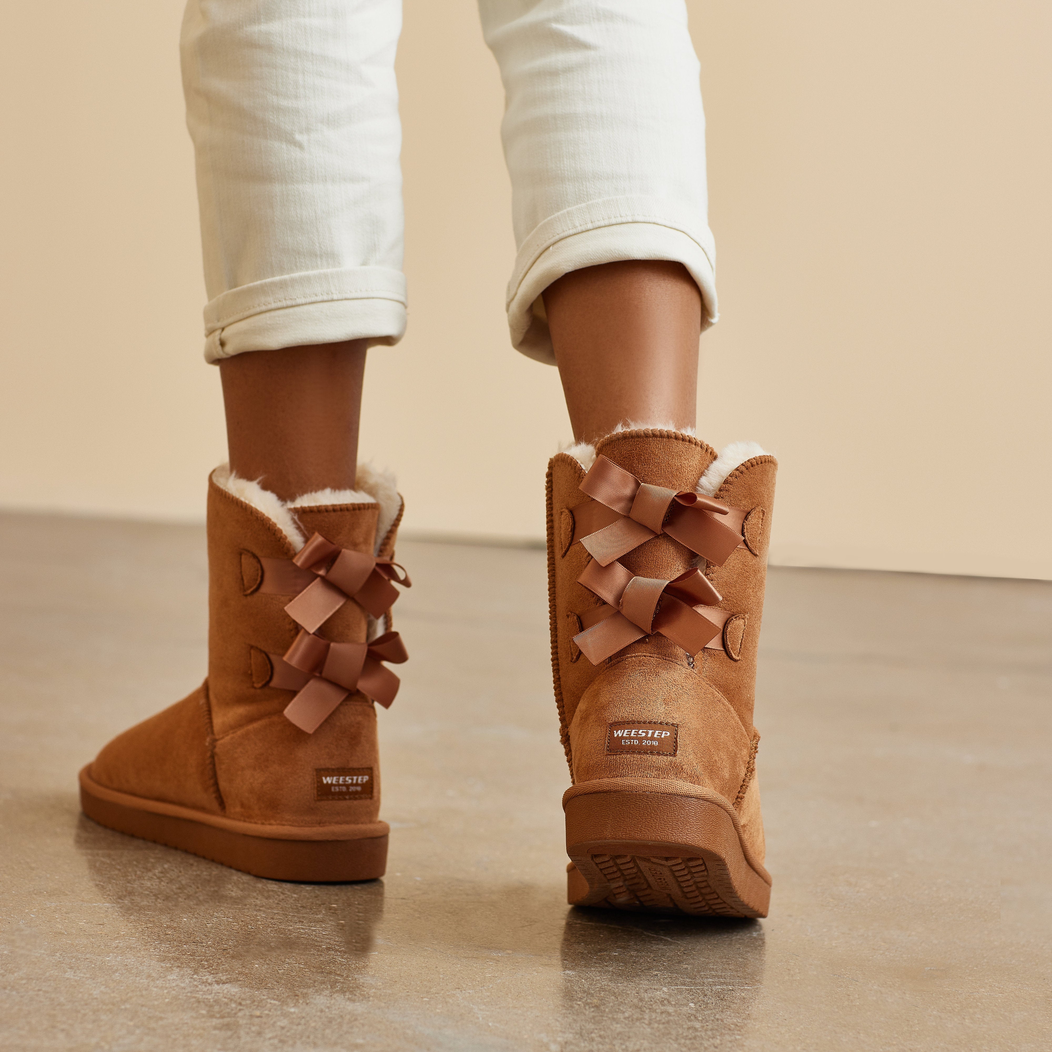 light brown bow faux fur lined short boots